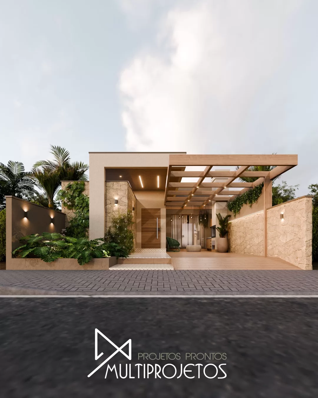 Vista da rua de um projeto de casa térrea em terreno 8x20m, destacando a iluminação moderna e o design contemporâneo.