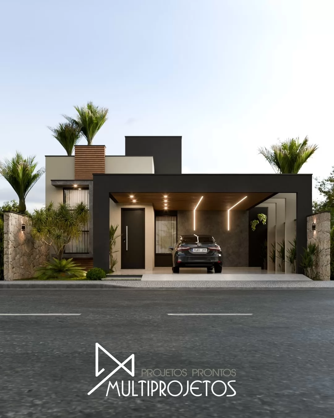 Fachada frontal de projeto de casa térrea terreno 10x20 com 3 quartos e design moderno MPR 1011